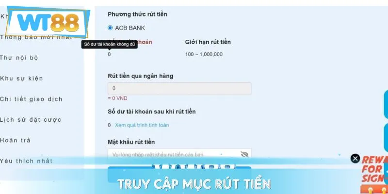 Thành viên truy cập mục rút tiền